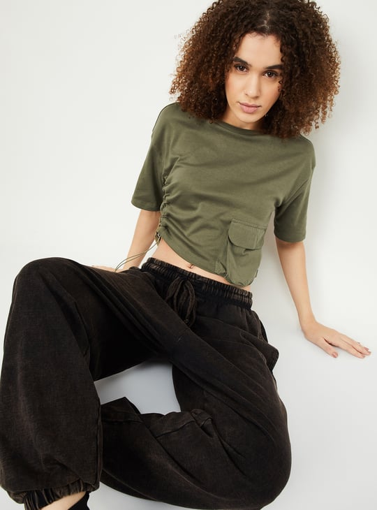 Women Solid Athleisure Crop T-shirt
