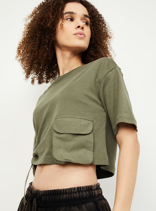 Women Solid Athleisure Crop T-shirt