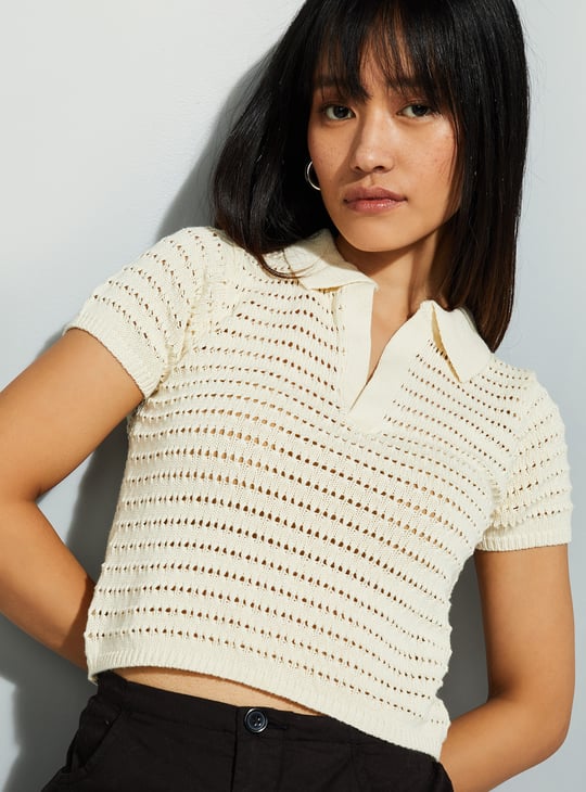 MANOF 【マノフ】 KNIT POLO TOPS Buy URB_N Open Knit Crop Polo T-shirt Online at just Rs. 699.0
