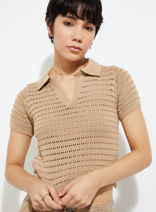 URB_N Open Knit Crop Polo T-shirt Polo Tees