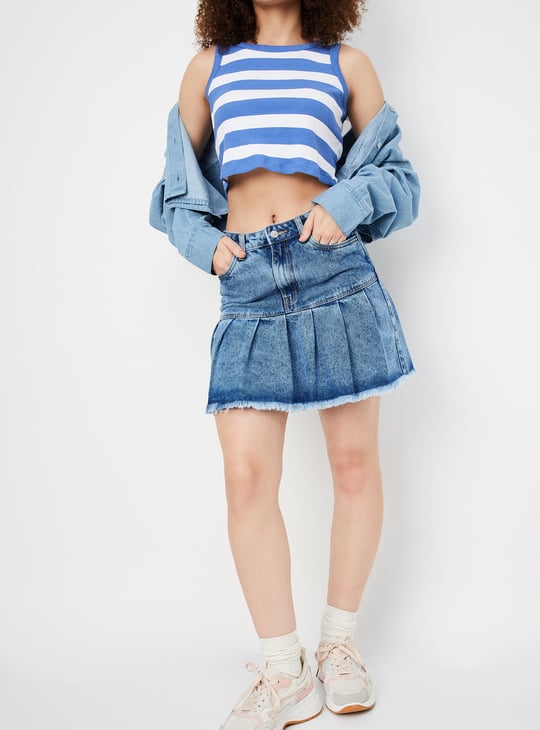 Women Pleated Denim Skater Skirt Skater