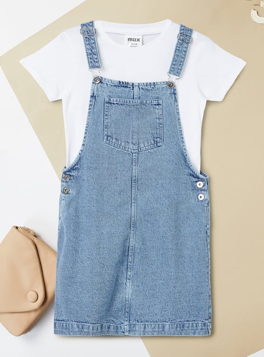 Girls Washed Denim Pinafore Dress with Tee