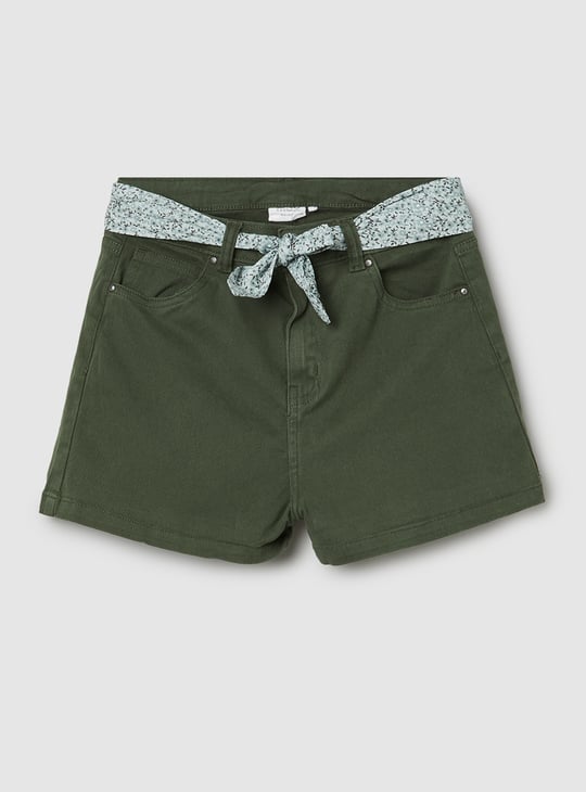 Girls Solid Belted Shorts