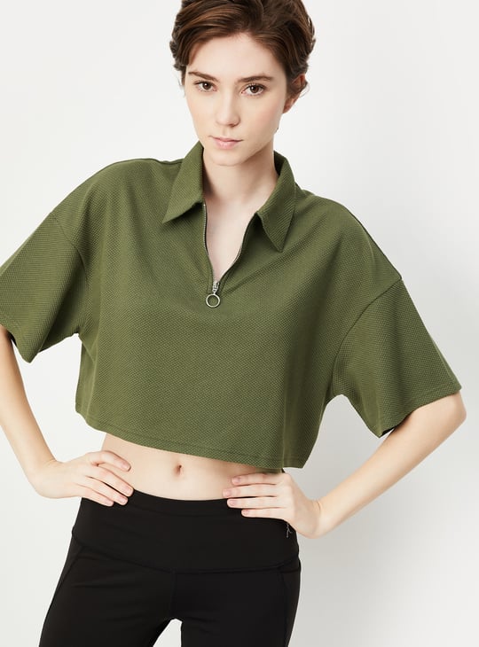 Women Textured Crop Polo T-shirt