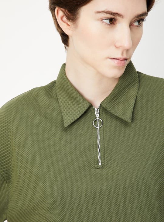 Women Textured Crop Polo T-shirt