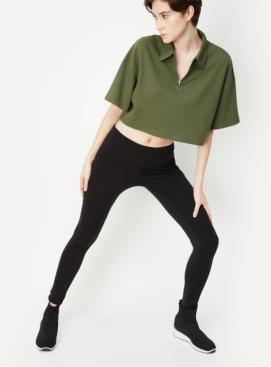 Women Textured Crop Polo T-shirt