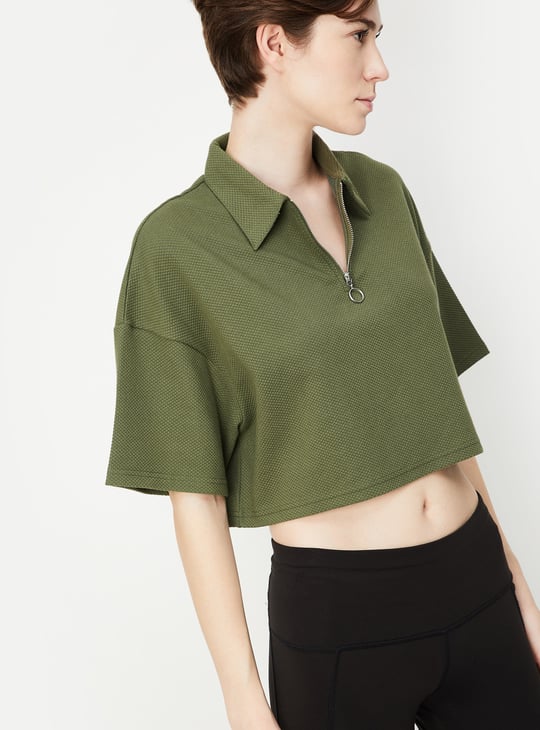 Women Textured Crop Polo T-shirt