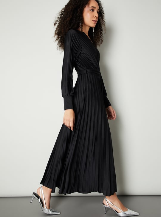 Women Pleated Wrap Maxi Dress