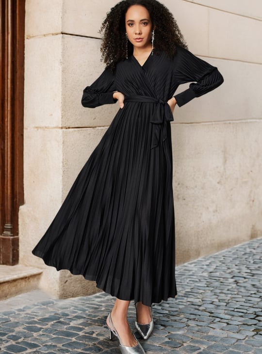 Women Pleated Wrap Maxi Dress