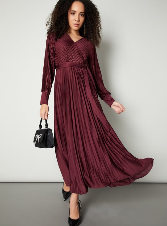 Women Pleated Wrap Maxi Dress