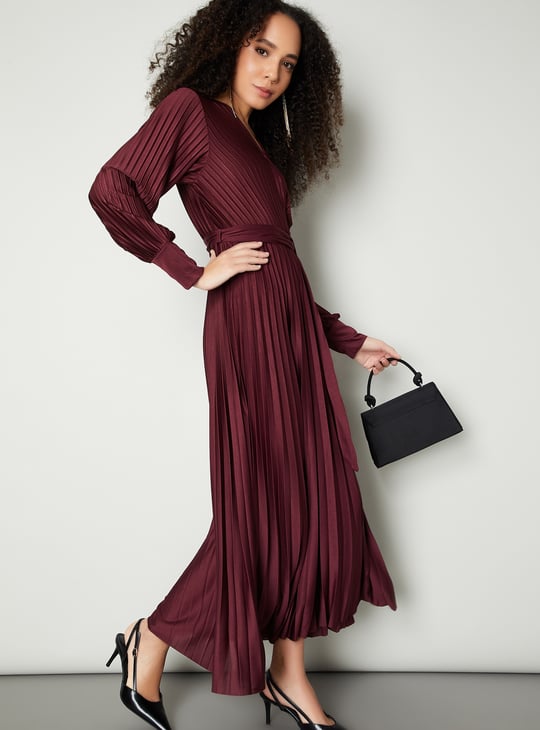 Women Pleated Wrap Maxi Dress