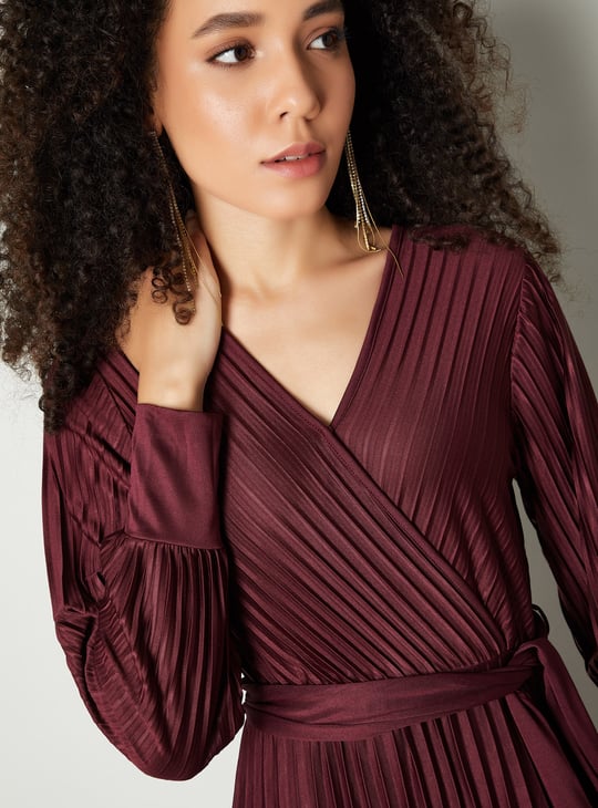 Women Pleated Wrap Maxi Dress