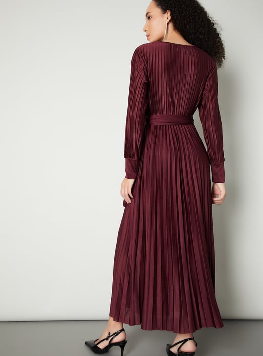 Women Pleated Wrap Maxi Dress