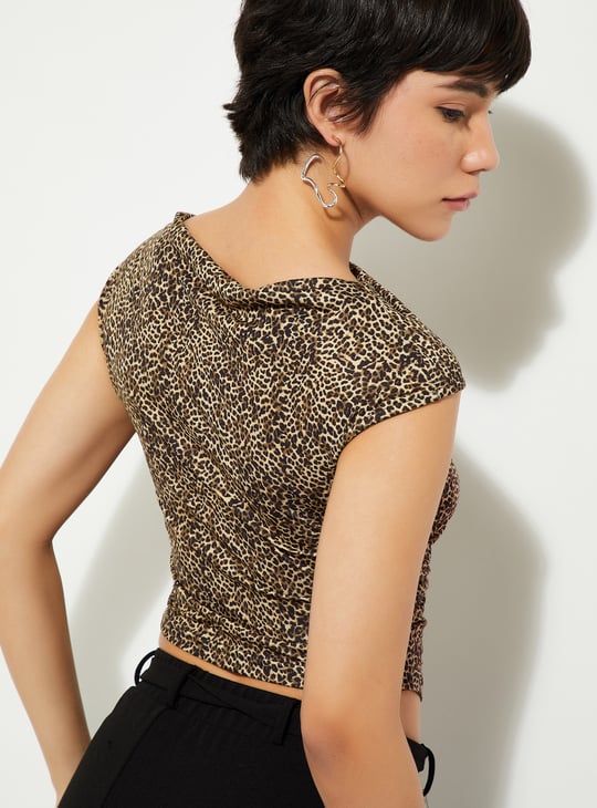 URB_N Women Leopard Print Handkerchief Hem Top