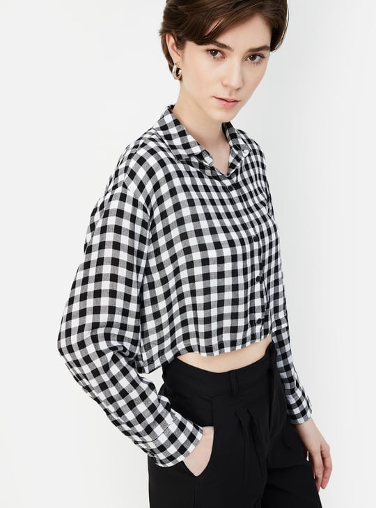 Women Checked Boxy Fit Crop Shirt