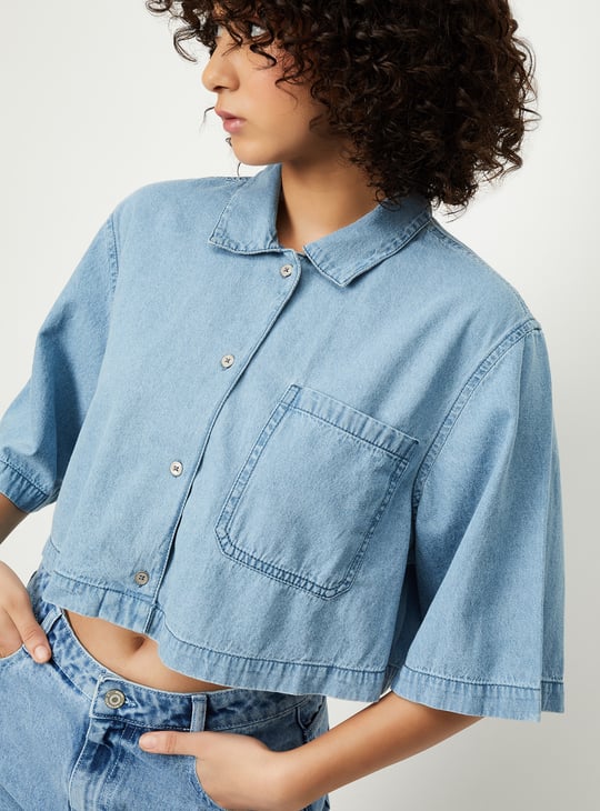 Women Solid Boxy Fit Crop Denim Shirt