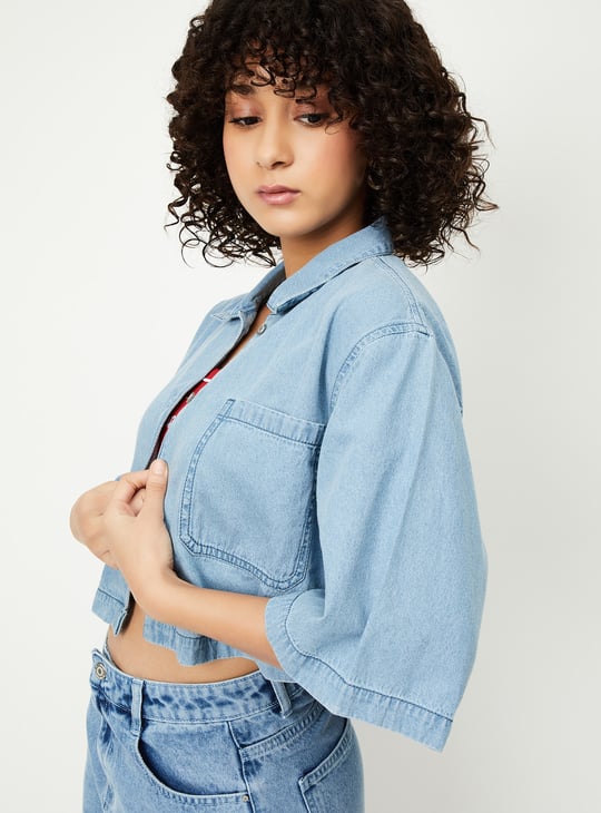 Women Solid Boxy Fit Crop Denim Shirt