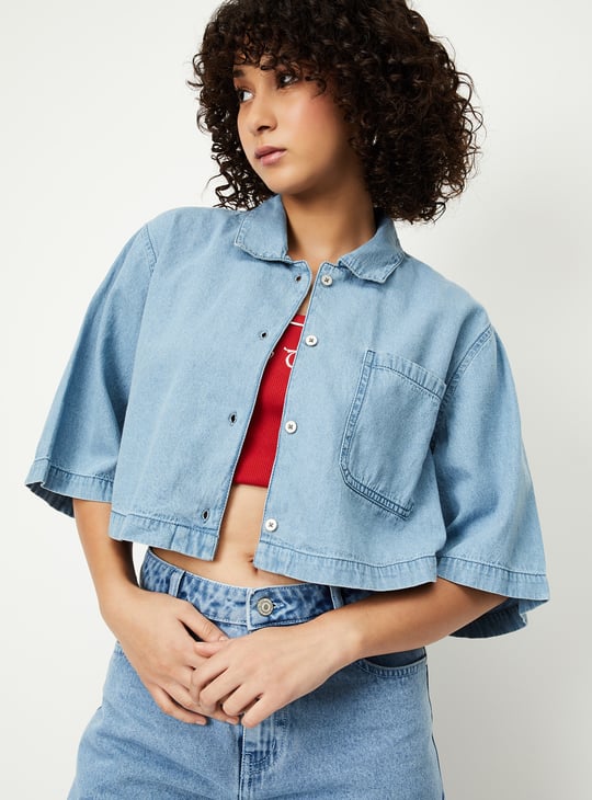 Women Solid Boxy Fit Crop Denim Shirt