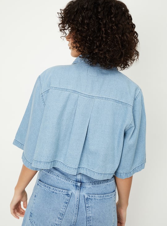 Women Solid Boxy Fit Crop Denim Shirt