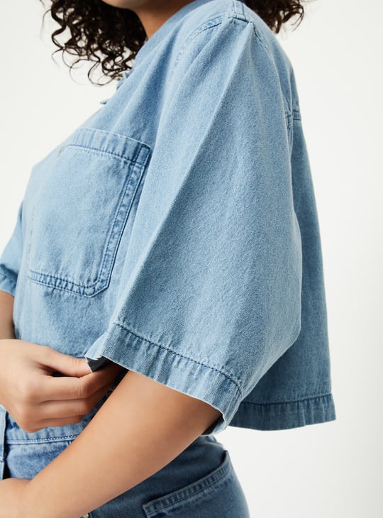 Women Solid Boxy Fit Crop Denim Shirt