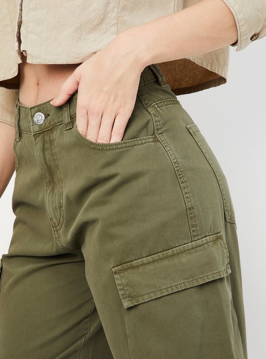 Women Solid Cargo Jeans Green