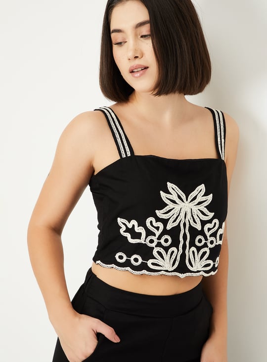 Women Embroidered Crop Top | Black | Embroidered