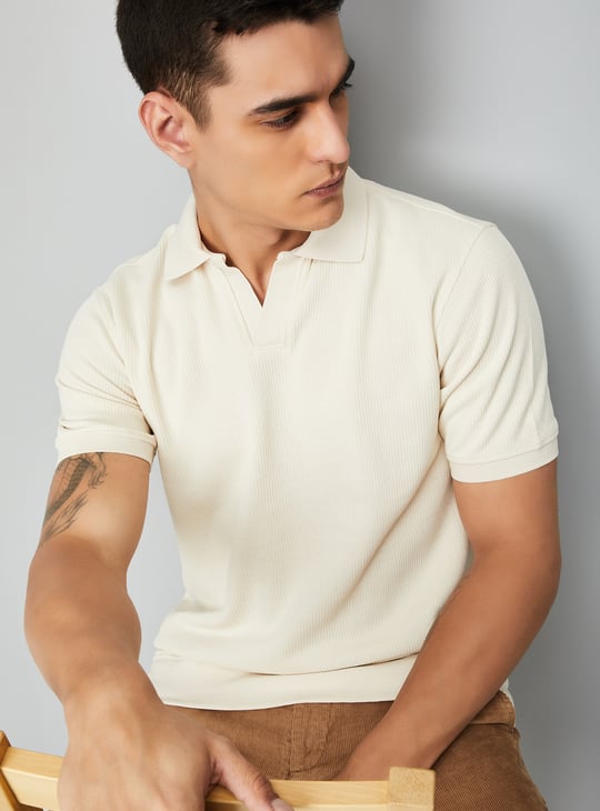 Men Ribbed Johnny Collar Polo T-shirt