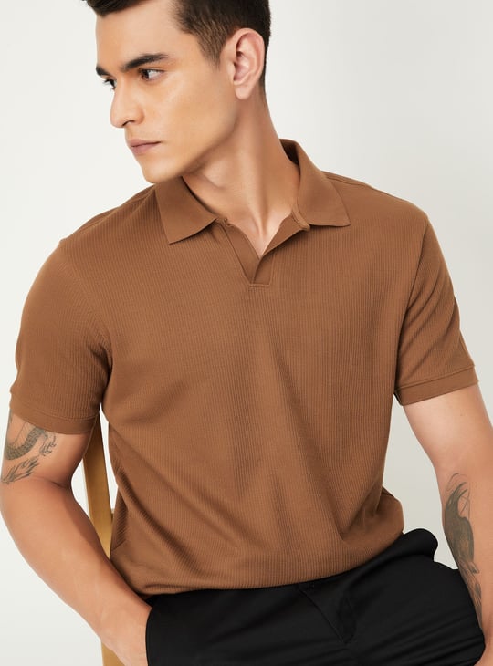 Men Ribbed Johnny Collar Polo T-shirt