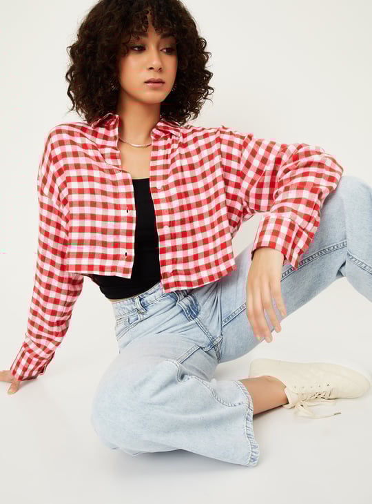 Women Checked Boxy Fit Crop Shirt