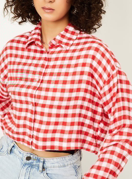 Women Checked Boxy Fit Crop Shirt