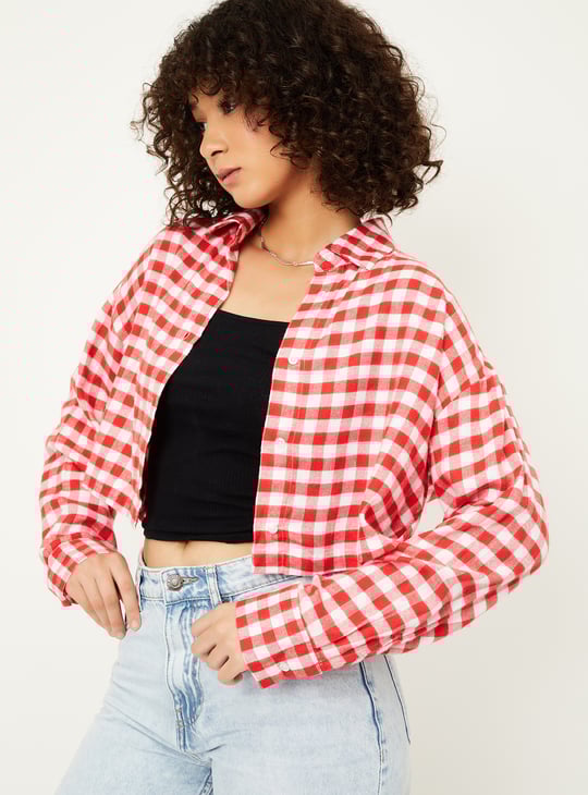 Women Checked Boxy Fit Crop Shirt