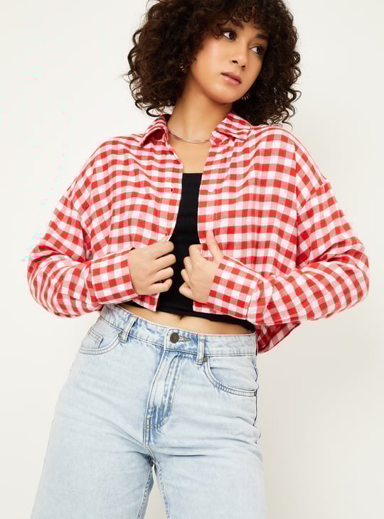 Women Checked Boxy Fit Crop Shirt