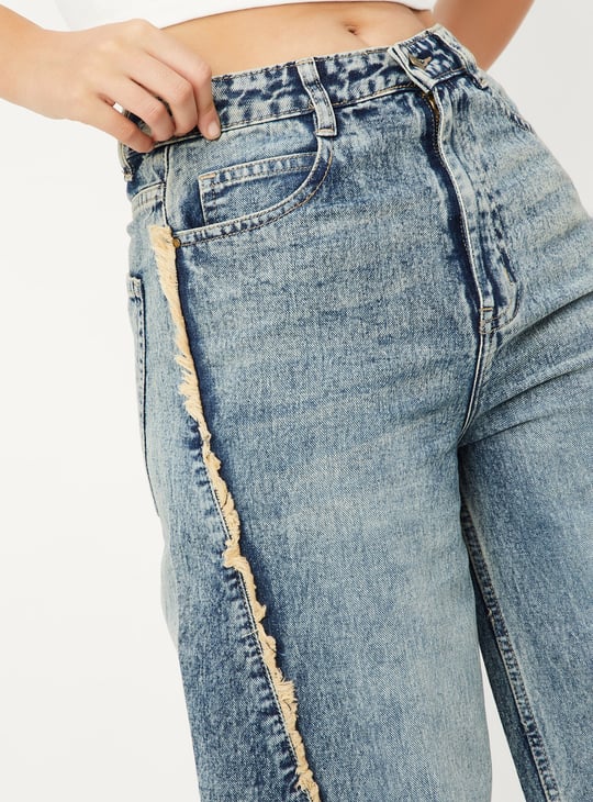 Women Frayed Trim Wide Leg Jeans
