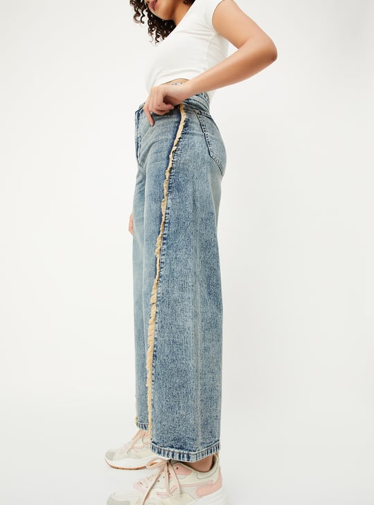 Women Frayed Trim Wide Leg Jeans