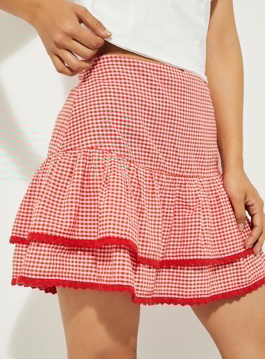 【U LAN】Rani Check Tiered Skirt Yua Gingham Tiered Skirt, Green