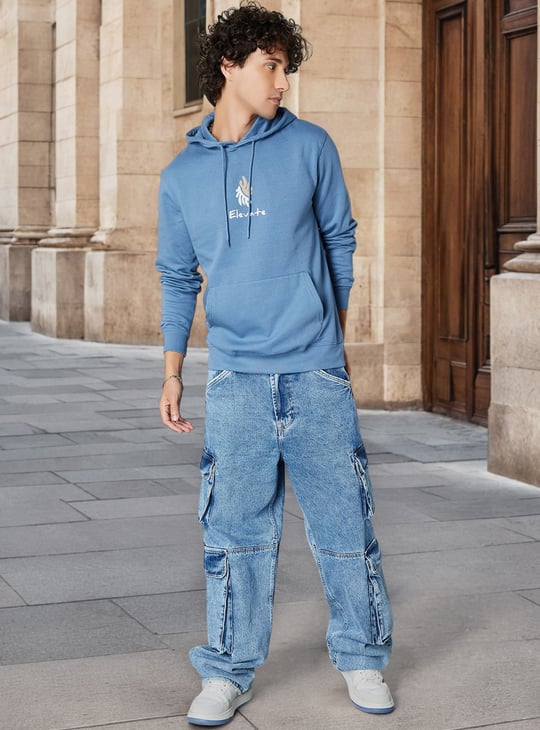 Men Back Applique Hooded Sweatshirt Blue Hooded