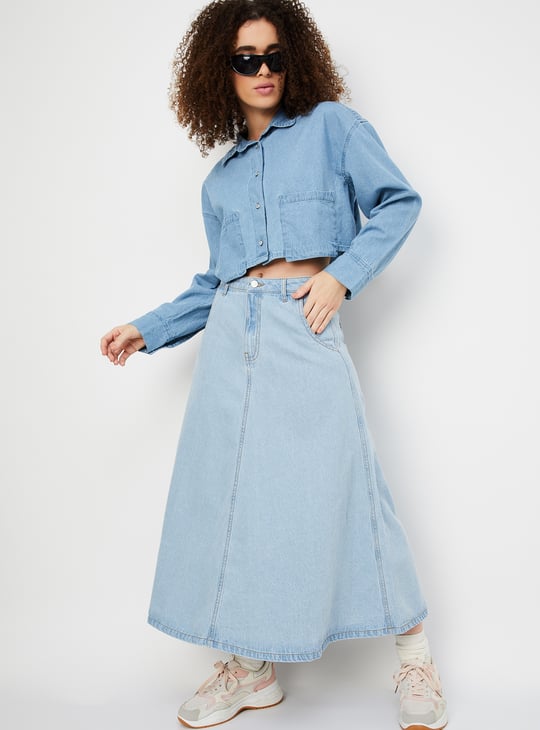 Women Solid A-Line Denim Skirt