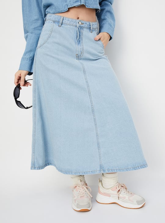 Women Solid A-Line Denim Skirt
