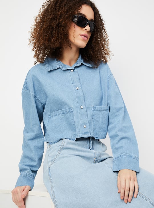 Women Solid Crop Denim Shirt