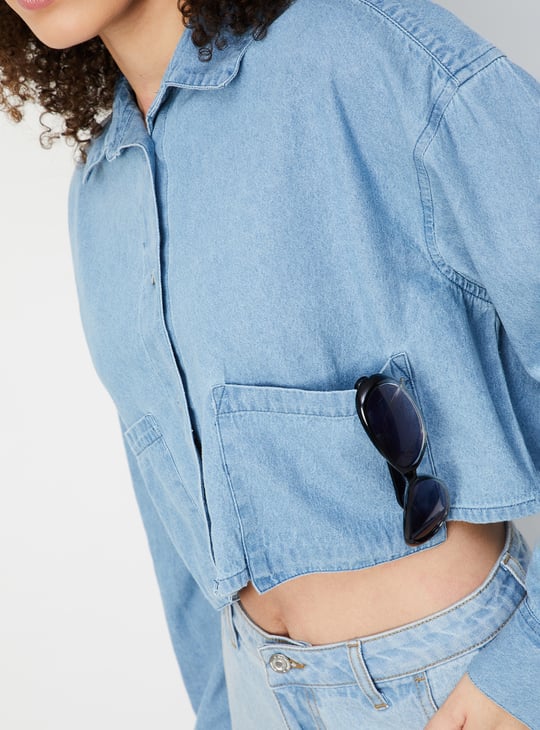 Women Solid Crop Denim Shirt