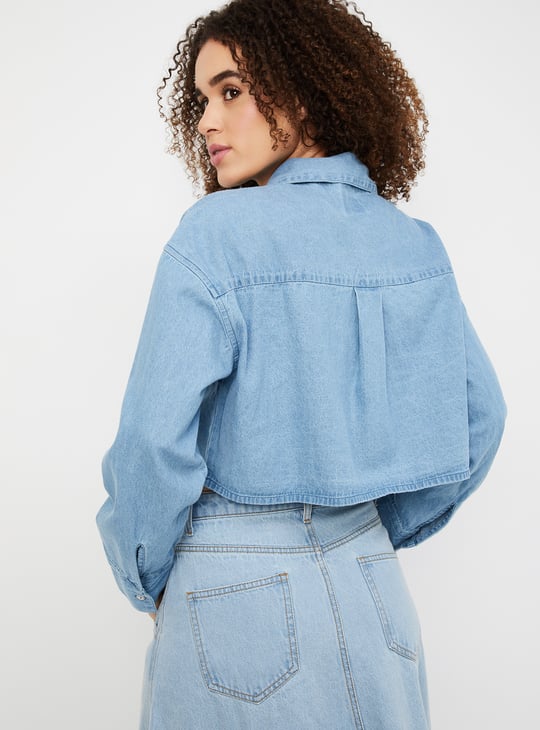 Women Solid Crop Denim Shirt
