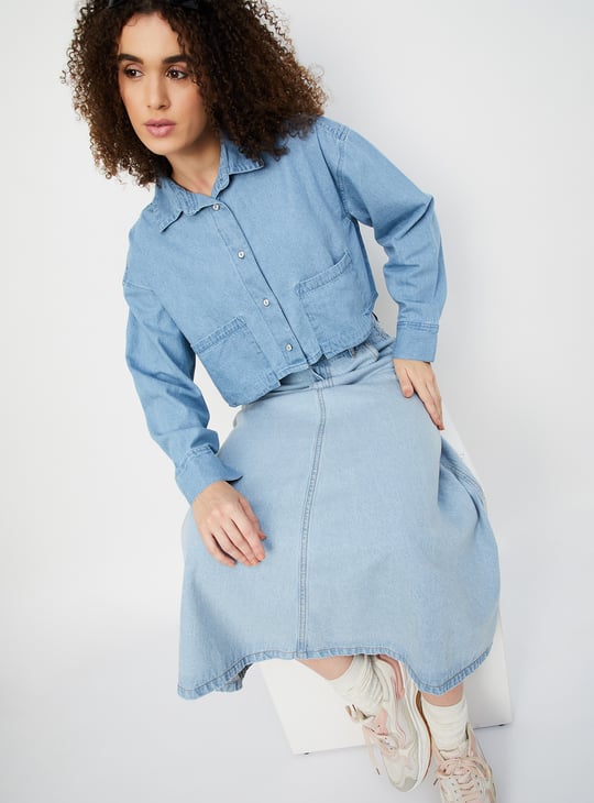 Women Solid Crop Denim Shirt