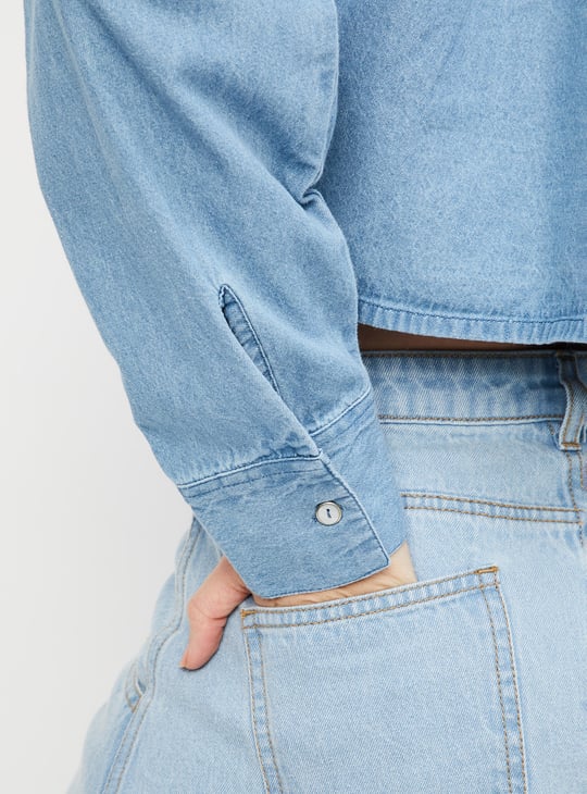 Women Solid Crop Denim Shirt