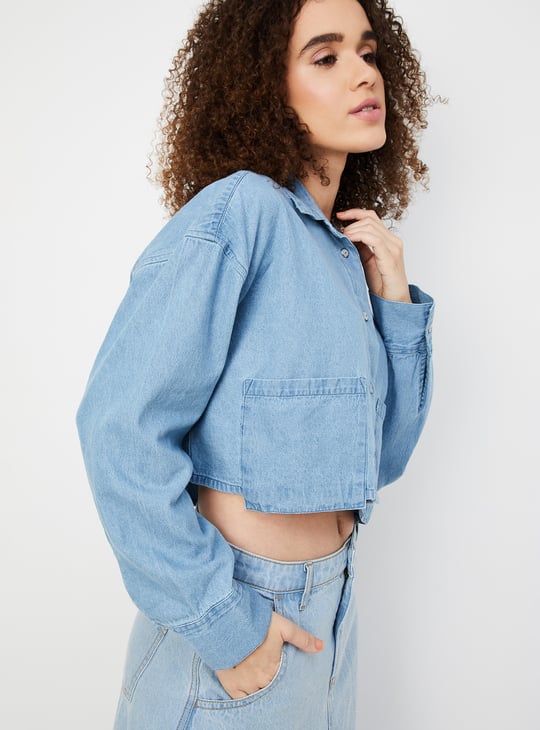 Women Solid Crop Denim Shirt