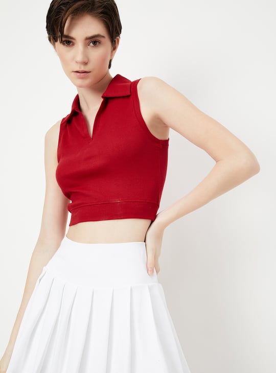 Women Ribbed Johnny Collar Crop Top