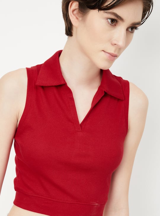 Women Ribbed Johnny Collar Crop Top