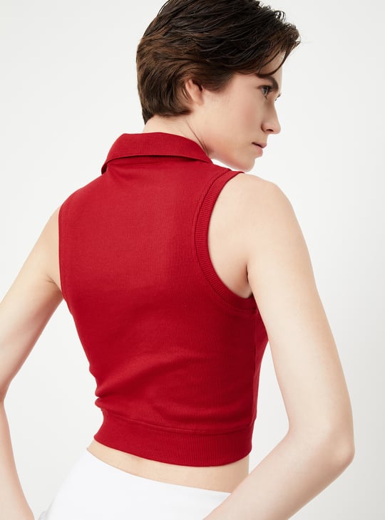 Women Ribbed Johnny Collar Crop Top