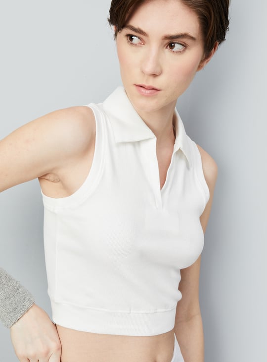 Women Ribbed Johnny Collar Crop Top