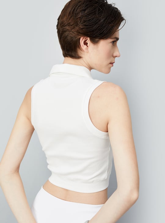 Women Ribbed Johnny Collar Crop Top