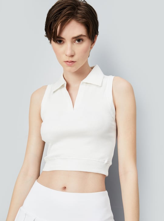 Women Ribbed Johnny Collar Crop Top